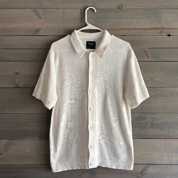 ABERCROMBIE & FITCH | Mens White Knit Floral Button Down Short-Sleeve Large - Picture 1 of 7